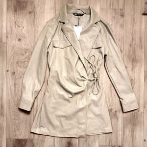 Zara Faux Leather Wrap Long Sleeve Mini Dress Tan Size S